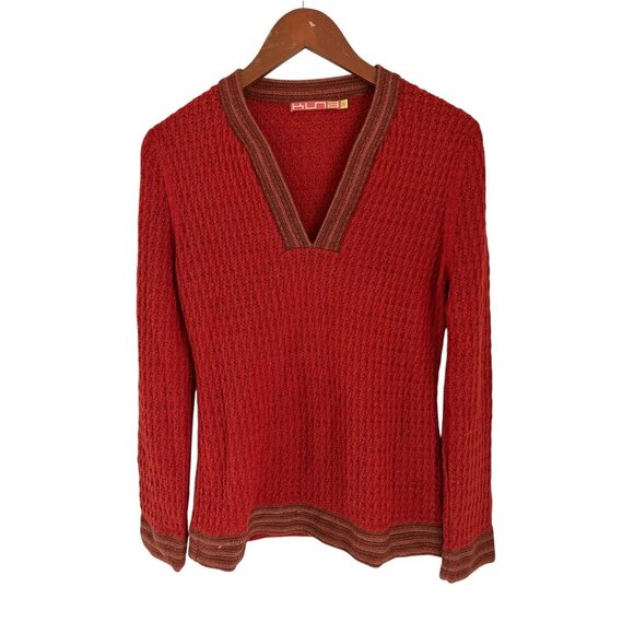 Kuna Alpaca Wool Textured Knit Sweater Brown Trim V-Neck Long Sleeve Y2K - Picture 1 of 10